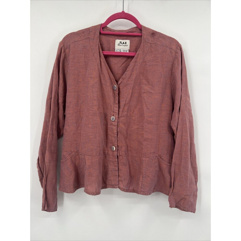 FLAX Long Sleeve Button Front Blouse Top Shirt Pink Purple Linen Medium Peplum